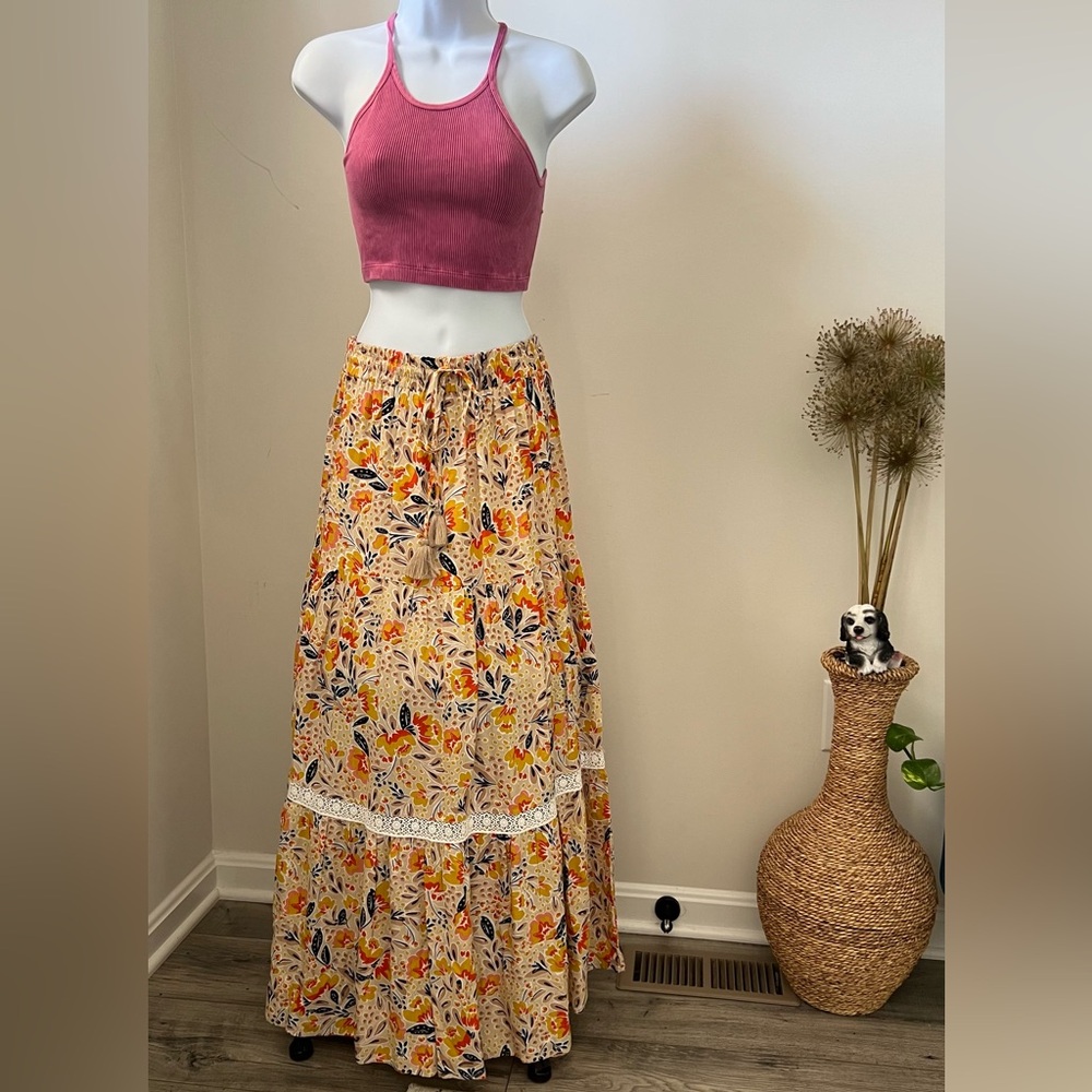 In Bloom Orange Yellow Tiered Maxi Skirt - Picture 2 of 4